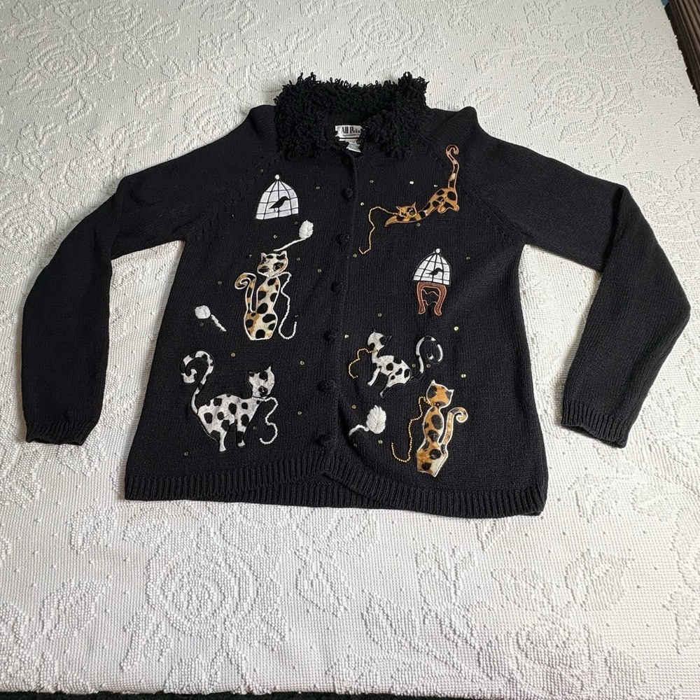 VTG Cat Lover Sweater Cardigan Women's Sz Med Black With Multi Color Kitties
